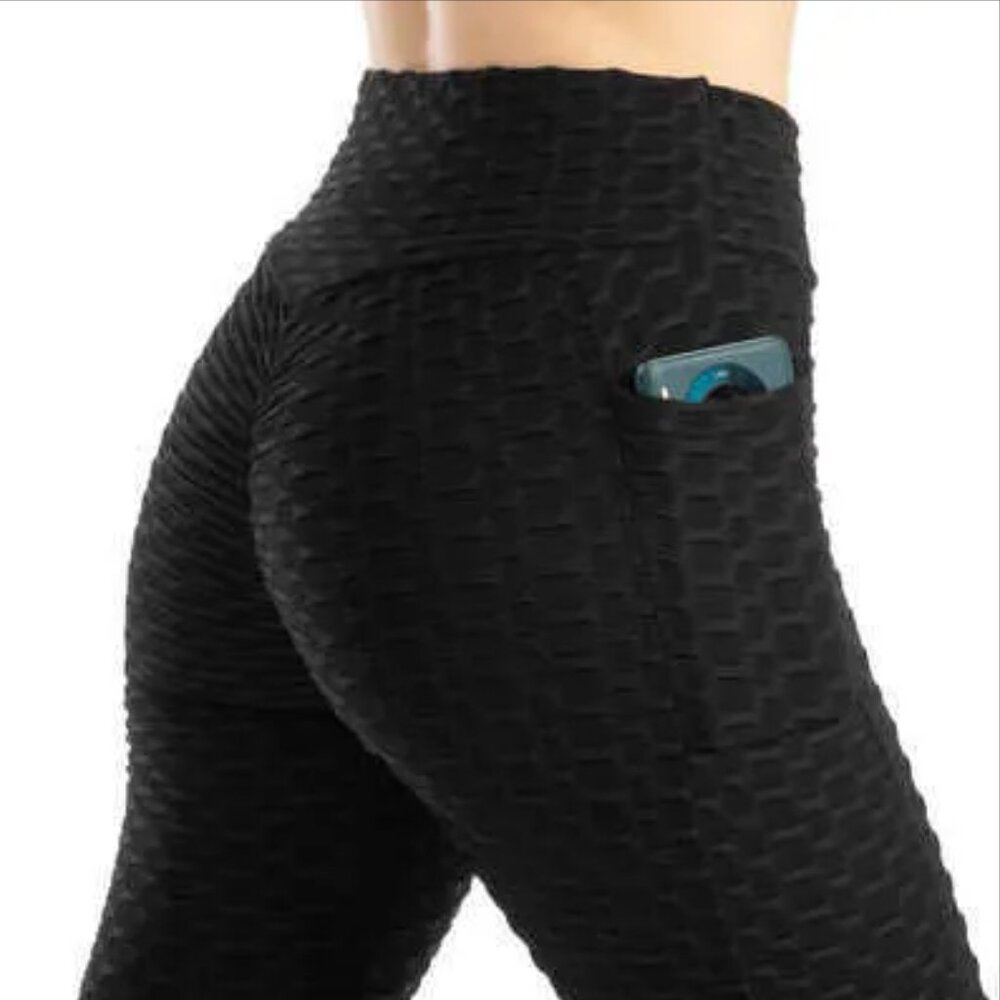 YITONG Black Honeycomb Textured Yoga Scrunch Butt Lifting Leggings Size S/M